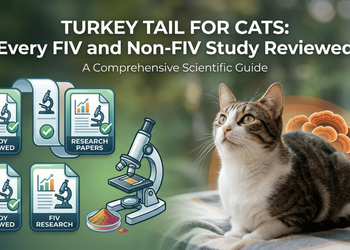 Turkey Tail mushroom (Coriolus versicolor) next to a cat, illustrating FIV research on natural immune support