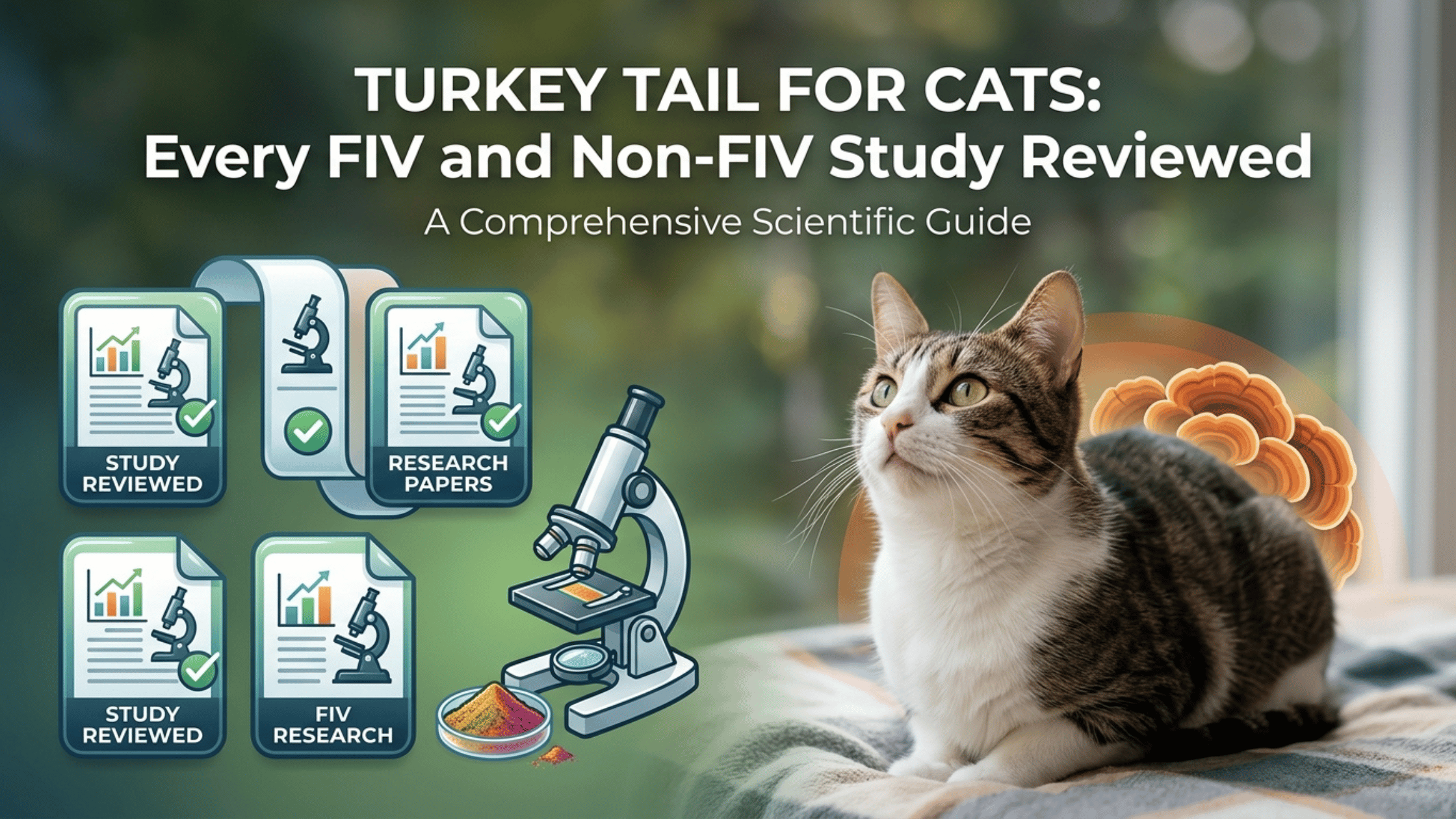 Turkey Tail mushroom (Coriolus versicolor) next to a cat, illustrating FIV research on natural immune support